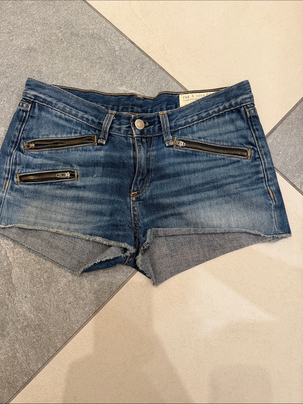 rag & bone Distressed Blue Denim Zip-Pocket Cutoff Shorts